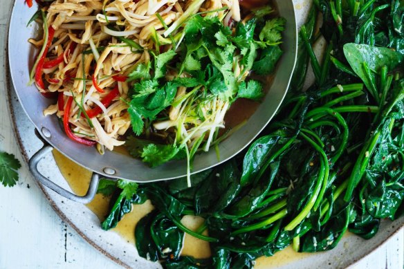 Stir-fried spinach with garlic and chilli (pictured with roast chicken stir-fry).