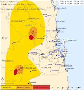 A storm warning issued by the Bureau of Meteorology on Australia Day shows storms heading slowly north and towards the coast.