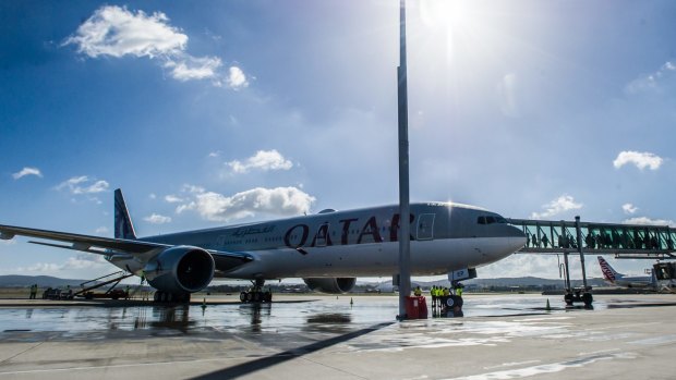 A Qatar Airways plane lands at Canberra international airport to launch the new daily service from Canberra to Doha