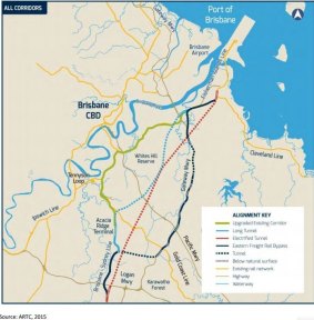 The ARTC's options for freight rail corridors in Brisbane.
