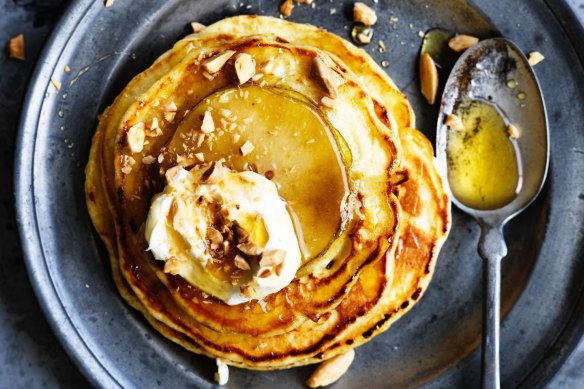 Dan Lepard's toasted almond and fresh pear pancake recipe.