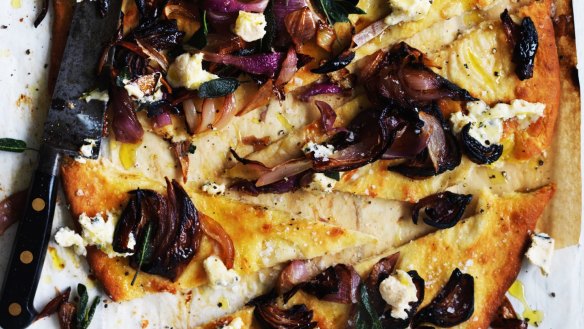 Adam Liaw's baked onion and blue cheese flatbread.