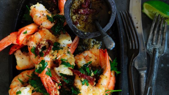Garlic-lovers: Neil Perry's pan-fried prawns with roast garlic and chipotle oil.