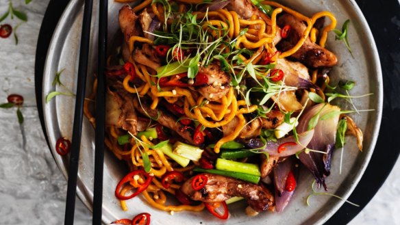 Stir-fried Hokkien noodles with chicken, chilli and coriander.