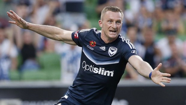 A good night out: Besart Berisha and his Melbourne Victory teammates had plenty to celebrate after their 4-1 thumping of Central Coast on Wednesday night.
