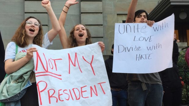 Several dozen students protest in Portland, Oregon.
