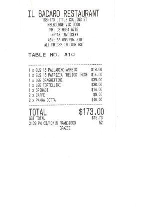 The Bill for lunch with Robyn Nevin at Il Bacaro.