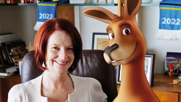 Heads up: Former prime minister Julia Gillard with the FFA roo before Australia's bid for the 2022 World Cup.