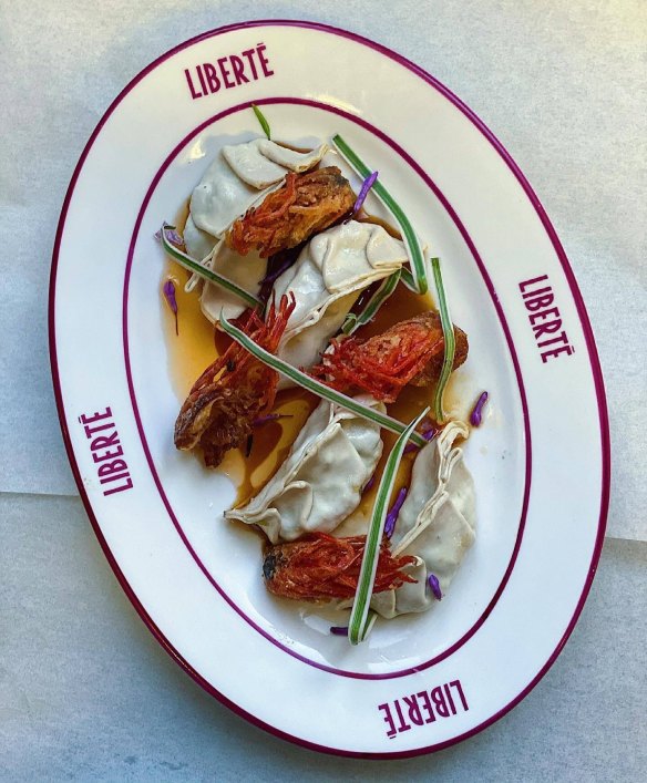 Pork and prawn dumplings with crispy prawn legs at Liberte.