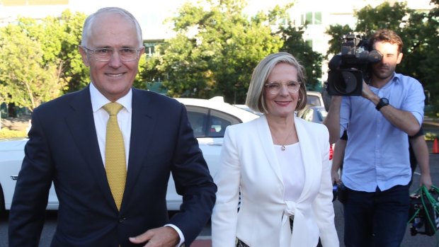 Prime Minister Malcolm Turnbull, pictured with wife Lucy Turnbull on Tuesday morning, has told colleagues a double dissolution election remains a possibility.
