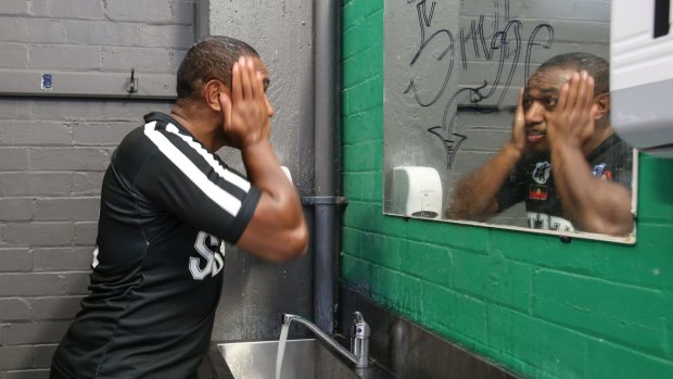 On the way back:  Acura ''Junior'' Niuqila in the dressing sheds before taking the field for the Redfern All Blacks.