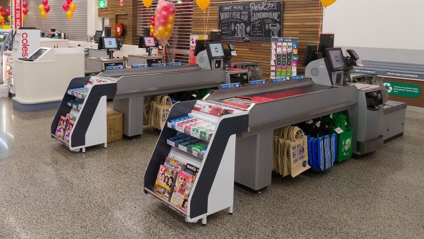 Coles new "hybrid" self service checkouts with conveyor belts at its Coburg North store.