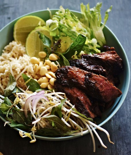 Black pepper and makrut lime beef bowl with coconut rice and salad