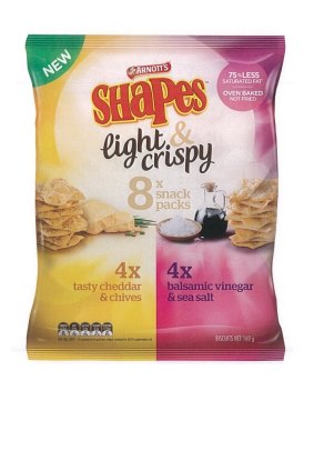 Arnott's Shapes Light & Crispy snack packs with '75 per cent less saturated fat claim'.