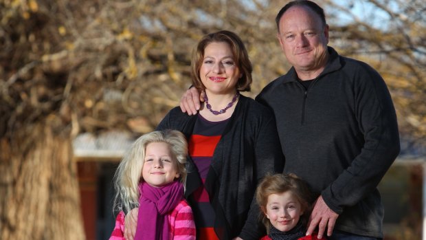 Sophie Mirabella on Monday with her husband, Greg, and their daughters Alexandra and Katerina at their Wangaratta home.
