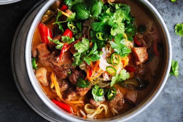 Adam Liaw's Bicol Express (spicy pork stew) with cucumber achara.