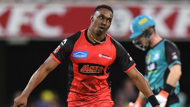Dwayne Bravo of the Renegades reacts after taking the final wicket during the Big Bash League (BBL) match between the Brisbane Heat and the Melbourne Renegades.