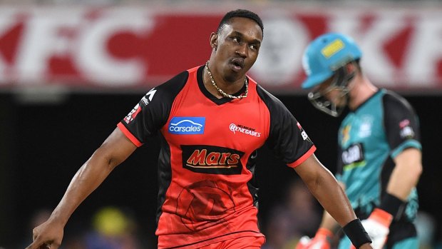 Dwayne Bravo of the Renegades reacts after taking the final wicket during the Big Bash League (BBL) match between the Brisbane Heat and the Melbourne Renegades.