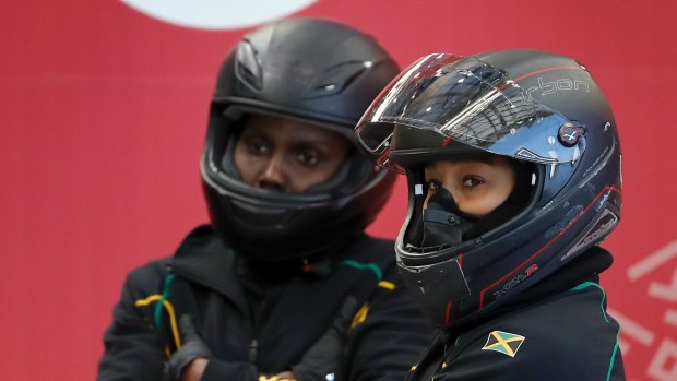 Ice cool: Carie Russel (left) and driver Jazmine Fenlator-Victorian of Jamaica prepare for a  bobsled training run in Pyeongchang.