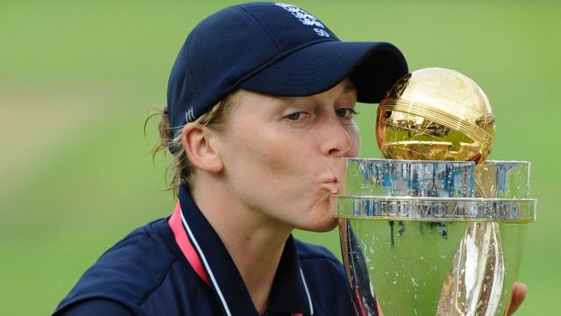 England captain Heather Knight celebrates with trophy after England won the Women's World Cup.