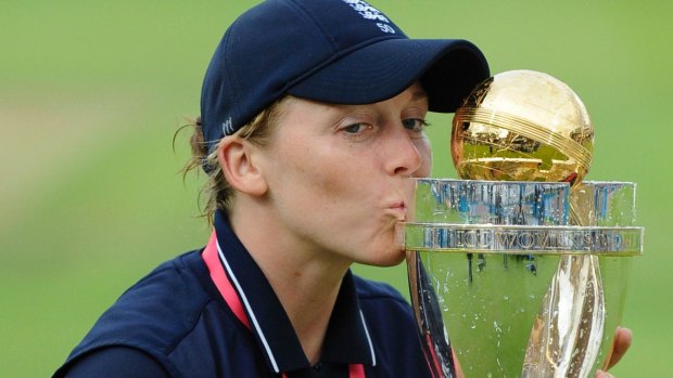 Bragging rights: England captain Heather Knight celebrates with the Women's World Cup trophy.