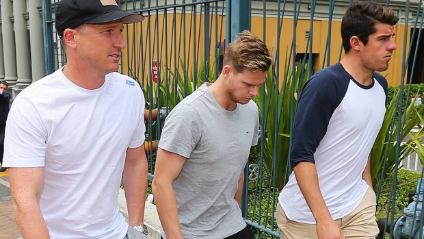 Brad Haddin, Steve Smith and Moises Henriques at St Vincent's Hospital on Wednesday.