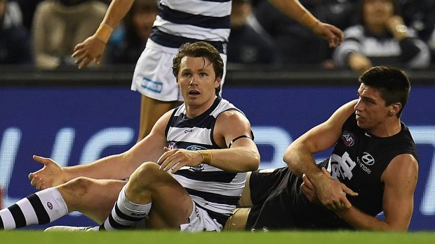 Patrick Dangerfield was suspended for one match for this tackle on Matthew Kreuzer.