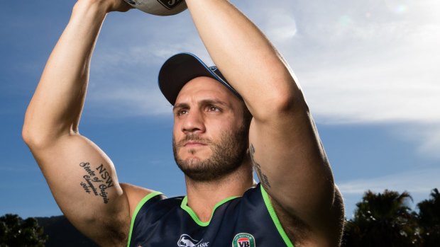 State pride: Blues hooker Robbie Farah with his State of Origin tattoo on his right arm, in Coffs Harbour. 