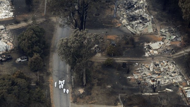An aerial shot of the devastation in Marysville, two days after Black Saturday.