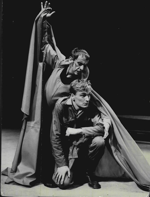 Robert Helpmann, as the Devil, and John Bell as the Soldier, in a scene from the "Soldier's Tale" at the Elizabethan Theatre, Newtown in 1964.