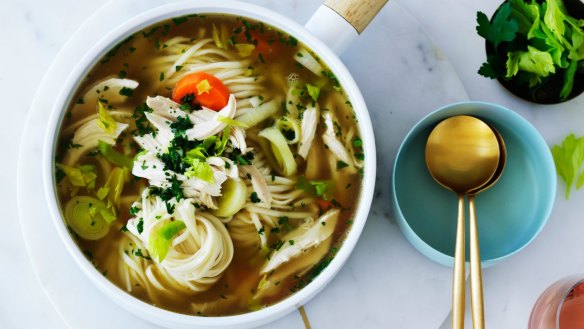 The secret to Jill Dupleix's comforting chicken noodle soup is starting from scratch with a whole chicken to simmer the bones.