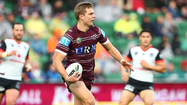 Two-try performance: Tom Trbojevic crossed twice as Manly held on for a tight victory.