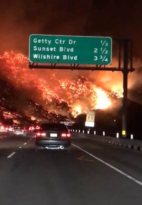 The fires close one of America's busiest freeways - the traffic-choked 405. 