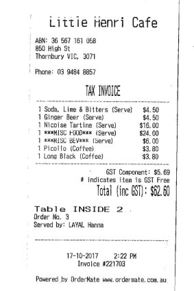 Receipt for lunch with David Astle at Little Henri