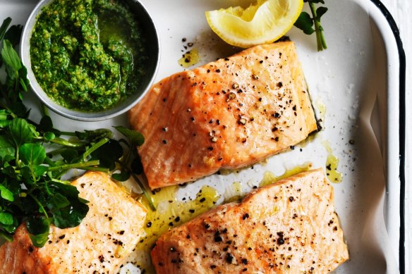 Roast salmon with macadamia and rocket pesto.