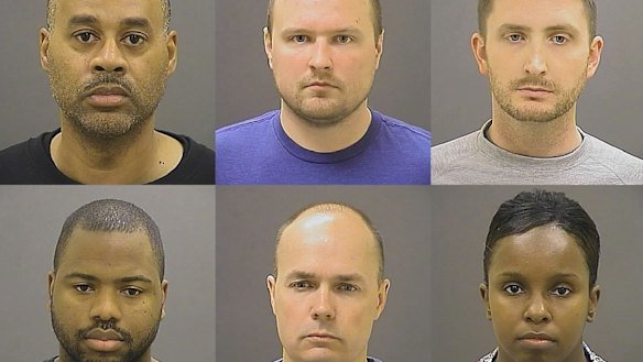 These undated photos provided by the Baltimore Police Department, show Baltimore police officers, top row from left, Caesar Goodson, Garrett Miller and Edward Nero, and bottom row from left, William Porter, Brian Rice and Alicia White, charged with felonies ranging from assault to murder in the police-custody death of Freddie Gray.