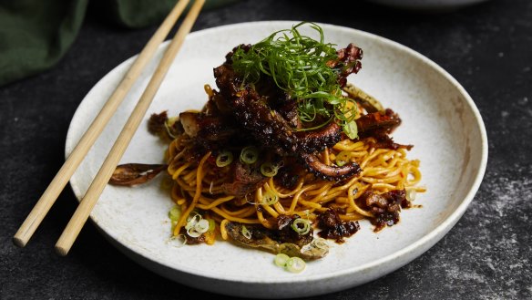 Char-grilled octopus chow mein with house-made XO at Laurus.