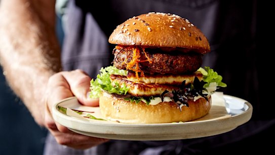 A vegetarian burger made using a legume-based patty from v2Food.