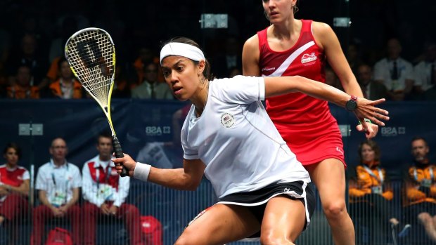 Nicol David of Malaysia plays a shot during her victory over Laura Massaro of England.