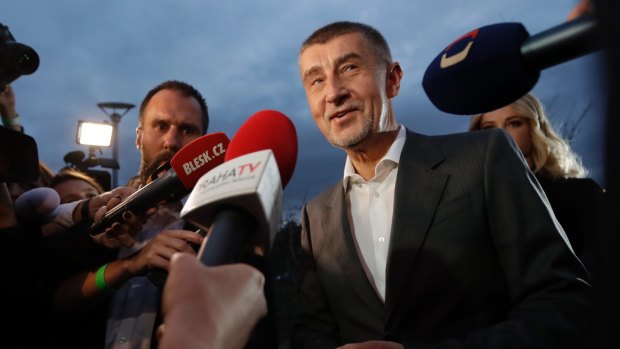 ANO leader Andrej Babis speaks with the media as most of the votes had been counted in the Czech elections.
