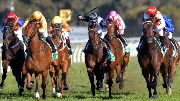 Hot finish: Washington Heights and Kerrin McEvoy (far right) win from the outside.