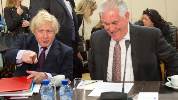British Foreign Secretary Boris Johnson, and US Secretary of State Rex Tillerson at a NATO meeting in Brussels on Friday.