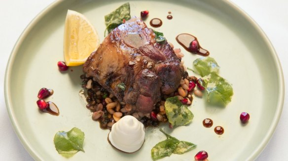 Entree-sized lamb shoulder with barley, saltbush and smoked labne.