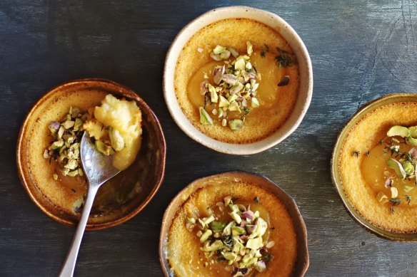 Lemon curd self-saucing puddings.