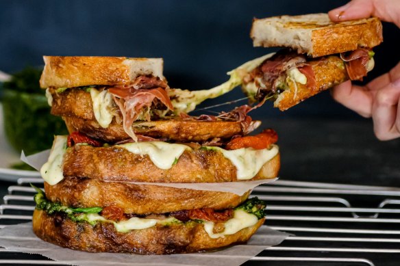 It's all about the cheese pull: Loaded caprese toasted sandwiches.