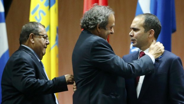UEFA President Michel Platini embraced Prince Ali bin al-Hussein of Jordan after he withdrew.