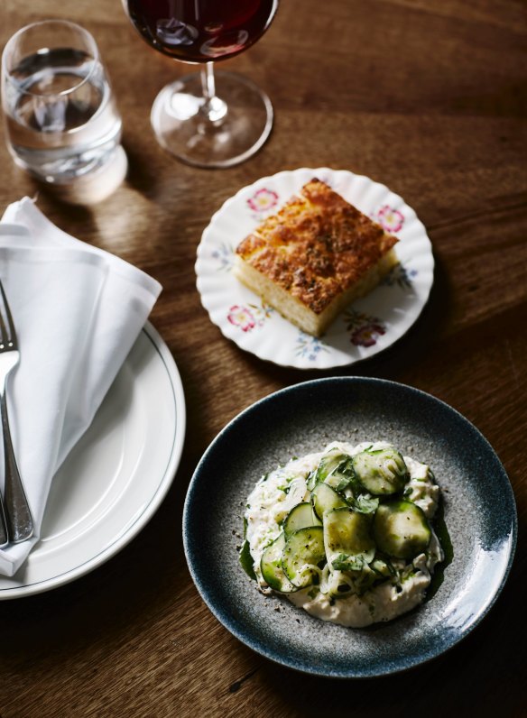 Potato focaccia, stracciatella and basil-tinged zucchini.