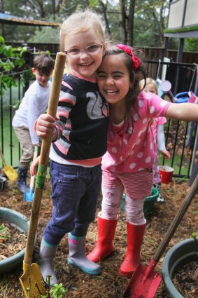 Preschool teaches environmental awareness: (Left to right) Aurelia Currall and Gianna Muscat working in the vegetable garden.