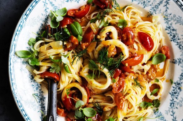 Simple chilli squid pasta.