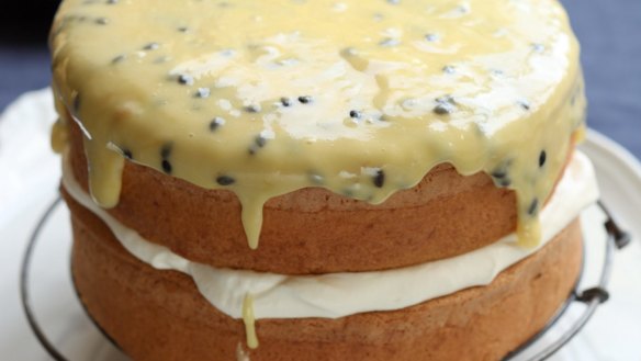 Old-school sponge cake with passionfruit icing <a href="https://www.goodfood.com.au/recipes/sponge-cake-with-passionfruit-icing-20111018-29wyv"><b>(Recipe here)</b></a>.